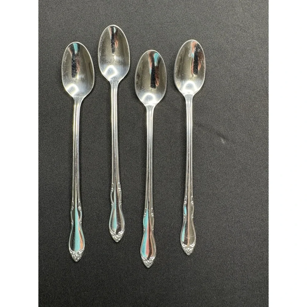 4 Simon L & George H Rogers Co Stainless Oneida Iced Teaspoons Homestead Long
